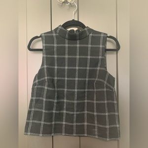 Plaid grid print mock neck blouse